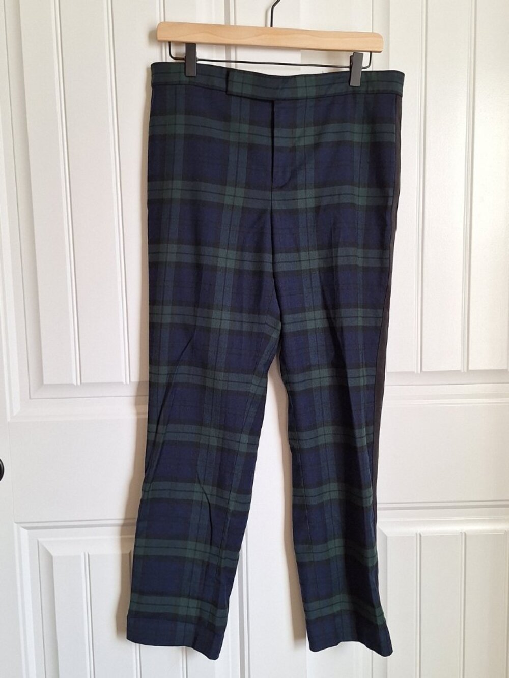 LRL Ralph Lauren Green & Blue Plaid Wool Blend Side Stripe Straight Leg Pants 8